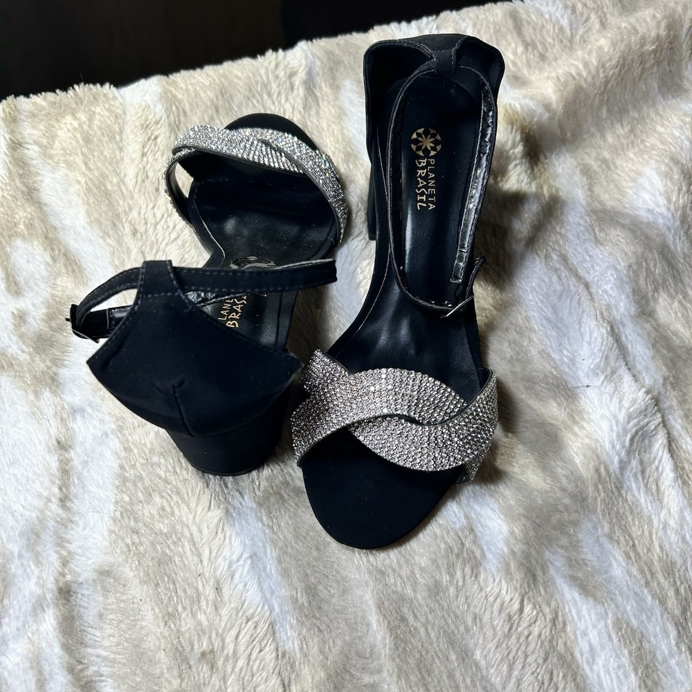 Planeta Brasil Women Black Rhinestone Block Heel Ankle Strap Sandals Size 37 6.5 - Picture 9 of 11